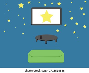 Sit on sofa and watch the movies , Drawing of bright gold star , Stay home Stay safe vector disign , illustration shape retro graphic.
