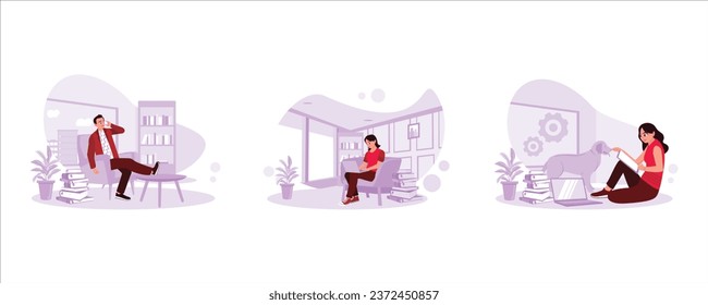 Sit on the sofa while talking on the cell phone. Productive young girl. Work remotely at the home office. Freelance Productivity concept. Set Trend Modern vector flat illustration
