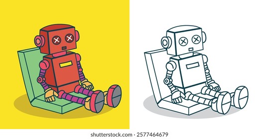 a sit robot with funky colors with a  modern touch for stickers, design elements, or coloring book element