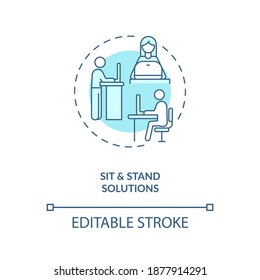 Sit and stand solutions concept icon. Workplace design idea thin line illustration. Sit-stand workstation. Healthy work environment. Vector isolated outline RGB color drawing. Editable stroke