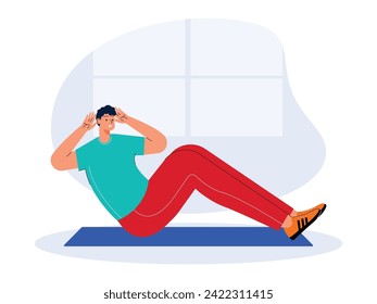 Sit ups on the mat to reduce body fat, weight loss strategy, vector illustration.
