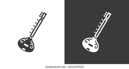 Sitar flat web icon. Traditional Indian sitar logo design. String instrument simple sitar sign silhouette icon with invert color. Sitar solid black icon vector design. Musical instruments concept