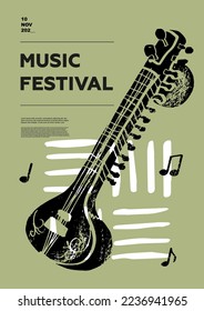 Sitar, folk. Music festival poster. String musical instruments. Competition. A set of vector illustrations. Minimalistic design. Banner, flyer, cover, print.