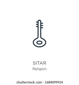 Sitar icon. Thin linear sitar outline icon isolated on white background from religion collection. Line vector sign, symbol for web and mobile