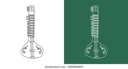 Sitar line drawing cartoon style. Traditional Indian string instrument sitar clipart drawing in linear style isolated on white and chalkboard background. Musical instrument clipart concept vector