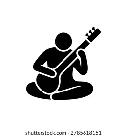 Sitar Music Devotion Instrument Icon. Black filled icon of a traditional indian sitar string instrument representing musical devotion