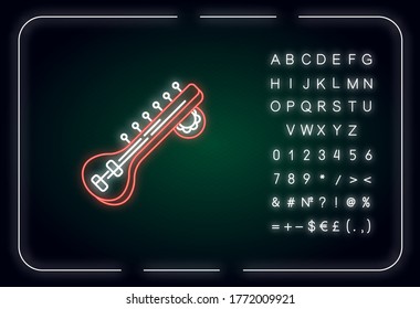 Icono de luz de neón de guitarra. Instrumento musical de cuerda. Música clásica hindú. Efecto luminoso exterior. Firma con alfabeto, números y símbolos. Ilustración de color RGB aislada por vectores