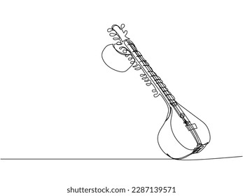 Sitar one line art. Continuous line drawing of music, plucked stringed instrument, Indian, Hindustani classical music, bass, acoustic, guitar, traditional.