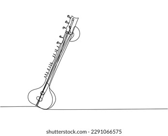 Sitar one line art. Continuous line drawing of music, plucked stringed instrument, Indian, Hindustani classical music, bass, acoustic, guitar, traditional.