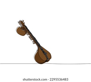 Sitar one line color art. Continuous line drawing of music, plucked stringed instrument, Indian, Hindustani classical music, bass, acoustic, guitar, traditional.