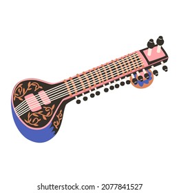 Sitar is a traditional Indian musical instrument. Asian culture and religion. Travel. National Indian symbols. Flat hand drawn vector illustration. Isolated.