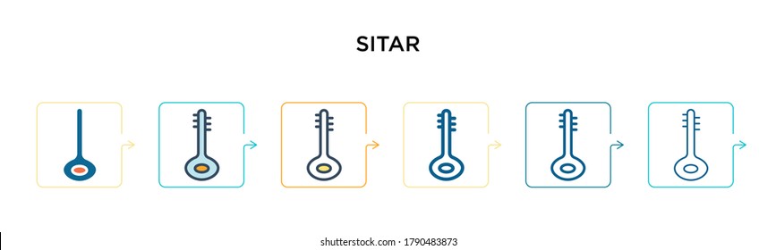 Sitar vector icon in 6 different modern styles. Black, two colored sitar icons designed in filled, outline, line and stroke style. Vector illustration can be used for web, mobile, ui