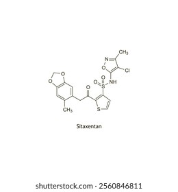Sitaxentan flat skeletal molecular structure endothelin receptor antagonist drug used in pulmonary hypertension treatment. Vector illustration scientific diagram.
