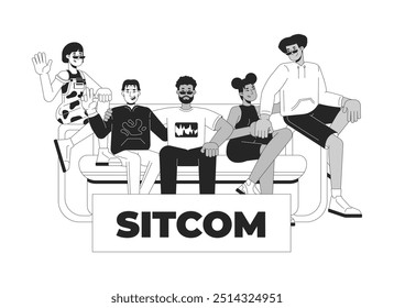 Sitcom TV-Serie schwarz-weiß 2D-Illustrationskonzept. Situationskomik. Verschiedene Gruppenfreunde sitzen auf Couch Umrissfiguren einzeln. Zusammen Sofa. Broadcast-Metapher monochrome Vektorkunst