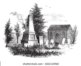 The site of church and the grave-yard was a gift of Andrew Johnson, of Perth Amboy, ,vintage line drawing or engraving illustration.