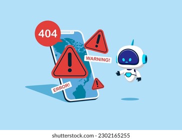 Site  Construction with Artificial intelligence robot at Huge display smartphone with Internet Problem Warning. System Work Error, 404 Maintenance Page Not Found. Flat vector illustration