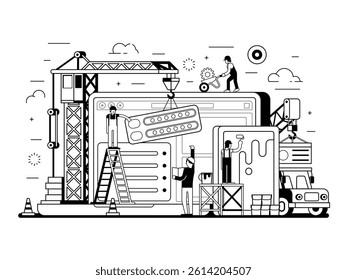 Site construction concept UI illustration in line art. Maintenance page or 404 error. Web developing concept banner with computer, laptop and team of workers building landing page interface.
