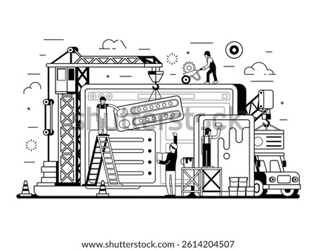 Site construction concept UI illustration in line art. Maintenance page or 404 error. Web developing concept banner with computer, laptop and team of workers building landing page interface.