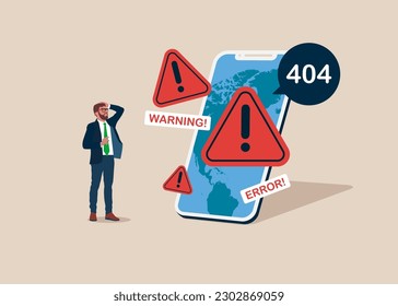 Site Construction with programmer at Huge display smartphone with Internet Problem Warning. System Work Error. Flat vector illustration
