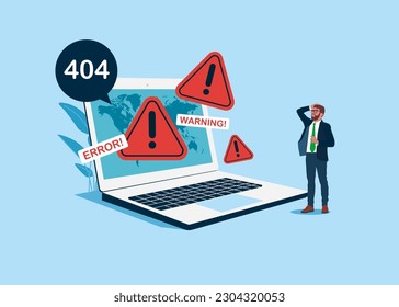 Site Construction with programmer at Huge laptop Monitor with Internet Problem Warning. System Work Error. Flat vector illustration