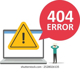 Construção de Site com programador no Huge laptop Monitor com aviso de problema de Internet. Erro de trabalho do sistema. Ilustração de vetor plano

