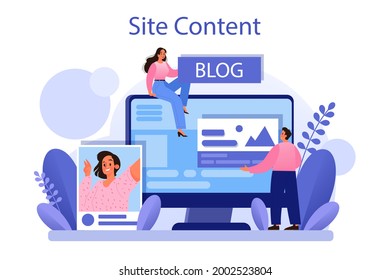 Site content concept. Media filling, making responsive and viral content for business development. Idea of digital strategy and business promotion in the internet. Flat vector illustration