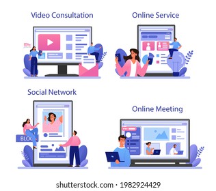 Site content online service or platform set. Media filling, making responsive and viral content for business development. Online meeting, video consultation, social network. Flat vector illustration