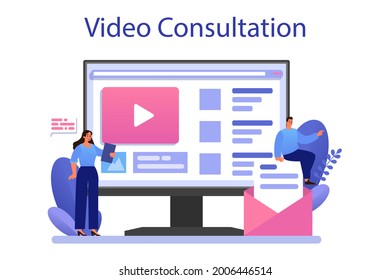 Site content online service or platform. Media filling, making responsive and viral content for business development. Video consultation. Flat vector illustration