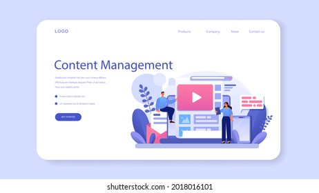 Site content web banner or landing page. Media filling, making responsive and viral content for business development. Business promotion in the internet. Flat vector illustration