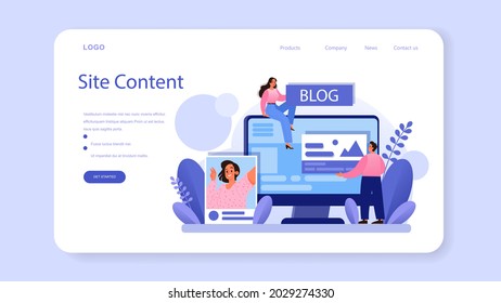 Banner web de contenido del sitio o página de inicio. Completo de medios, creación de contenido viral y receptivo para el desarrollo empresarial. Promoción de negocios en internet. Ilustración vectorial plana