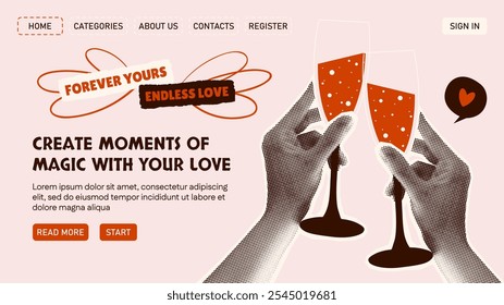 Site-Design mit Halbtonhänden, die Champagnergläser halten. Webseite im Stil einer Collage zum Valentinstag. Textaufkleber. Handelemente auf zerrissenem Papier. Design-Design im Y2K-Stil. Liebe, Emotionen, Herz