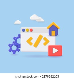 Website-Entwicklungskonzept, Browser mit Video-Player, Homepage. 3D-Webseite und Programmcode-Symbol Vektorgrafiken.