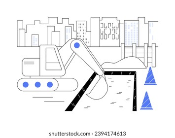 Site excavation abstract concept vector illustration. Process of bulk site excavation, commercial construction process, building equipment and transport, digger machine abstract metaphor.