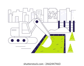 Site excavation abstract concept vector illustration. Process of bulk site excavation, commercial construction process, building equipment and transport, digger machine abstract metaphor.