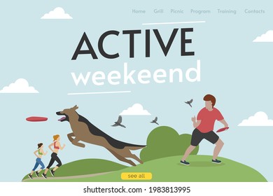 Site Header. Active Weekend. A Man Is Playing Frisbee With A Dog. Vector.