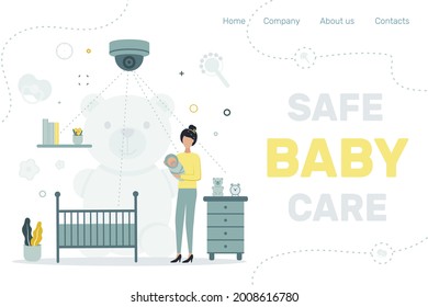 Site header. CCTV. Remote access. Video surveillance in the children's room. A woman hold a baby in her arms in the children's room. Vector illustration.