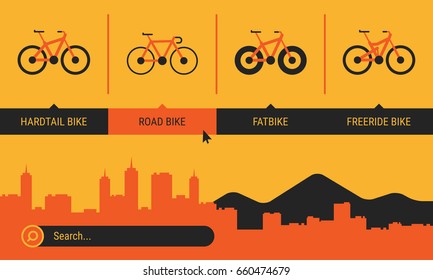 Site Header Different Bicycle Bikes Search Orange Yellow Black Color. Vector Illustration. Set Objects.