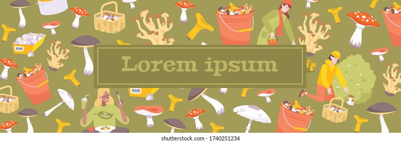 Site header mushrooms composition with editable text and images of different mushrooms in cans and baskets vector illustration