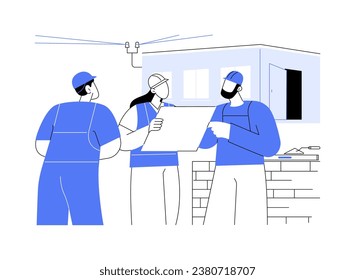 Site hut abstract concept vector illustration. Group of contractor talking near site hut, construction facilities, builder daily routine, lorry container, portable cabin abstract metaphor.