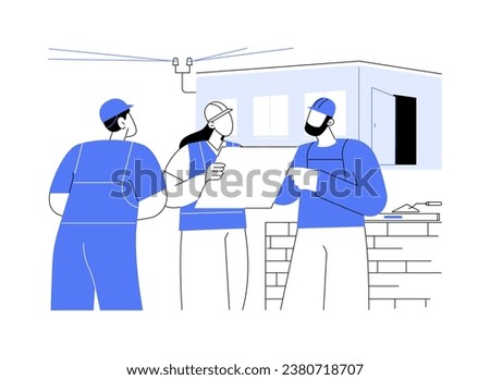 Site hut abstract concept vector illustration. Group of contractor talking near site hut, construction facilities, builder daily routine, lorry container, portable cabin abstract metaphor.