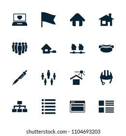 Site icon. collection of 16 site filled icons such as house building, helmet, menu, structure, house under sun, laptop with heart. editable site icons for web and mobile.