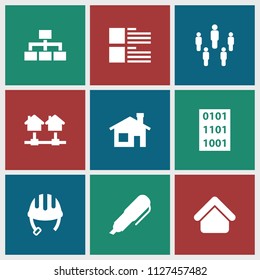 Site icon. collection of 9 site filled icons such as house building, helmet, structure, home, pen, binary code, group. editable site icons for web and mobile.