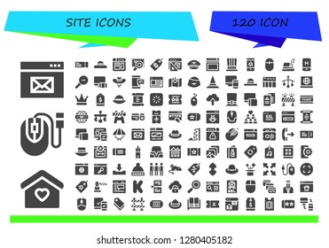  site icon set. 120 filled site icons. Simple modern icons about  - Browser, Home, Mouse, Plane ticket, Hat, Tag, Website, Mobile, Zoom out, Responsive, Web, Download, Data table