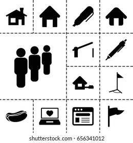 Site icon. set of 13 filled siteicons such as house building, pen, hot dog, laptop with heart, browser, home, barrier, flag