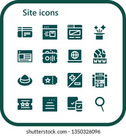 site icon set. 16 filled site icons.  Collection Of - Tickets, Browser, Hat, Web, Ticket, Internet, Www, Zoom, Web site, Website, Responsive