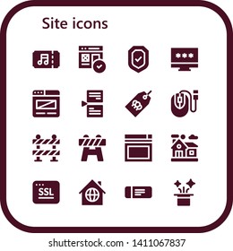 site icon set. 16 filled site icons.  Collection Of - Ticket, Web, Security, Password, Browser, Page, Tag, Mouse, Barrier, Website, Home, Ssl, Hat