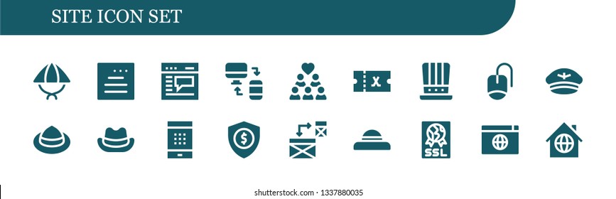 site icon set. 18 filled site icons.  Collection Of - Hat, Website, Browser, Responsive, Group, Ticket, Mouse, Password, Security, Ssl, Home