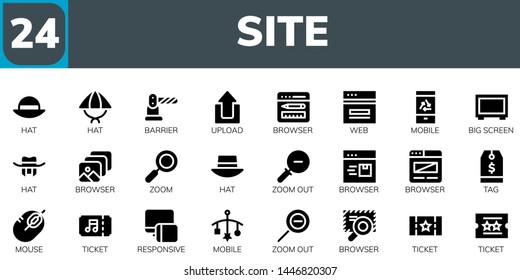 site icon set. 24 filled site icons.  Collection Of - Hat, Barrier, Upload, Browser, Web, Mobile, Big screen, Zoom, Zoom out, Tag, Mouse, Ticket, Responsive