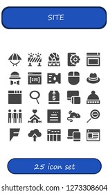  site icon set. 25 filled site icons. Simple modern icons about  - Hat, Barrier, Www, Mobile, Website, Browser, Ticket, Mouse, Zoom, Tag, Responsive, Group, Home, Zoom out, Foursquare