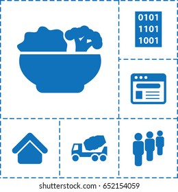 Site icon. set of 6 site filled icons such as house building, concrete mixer, browser, food, binary code